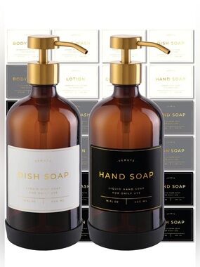 NWT Amber Glass Hand & Dish Soap Set with Gold Pumps-Labels-16oz-Stainless